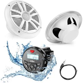 Marine Audio System Stereo Speaker Package, Bluetooth, MP3 USB AM FM Marine Stereo - 2 x 6.5 Inch White Speakers, Antenna