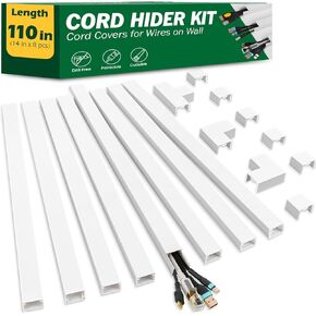 AZEN Cord Hider Kit, 110in Cord Covers for Wires on Wall, Paintable Wire Covers for Cords on Wall, Self-Adhesive Cable Hider Cord Organizer, Wire Hiders for TV on Wall, 8X L14in X W0.96in x H0.57in