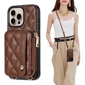TiMOVO for iPhone 16 Pro Max Wallet Case, Crossbody Phone Strap with Zipper Card Holder, RFID Blocking PU Leather Cover for Women, Adjustable Anti-Theft Wrist Strap for iPhone 16 Pro Max 6.9'', Brown