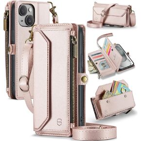 Wallet Case Compatible with iPhone 15 Plus RFID Blocking 10-Card Holder Soft PU Leather Magnetic Snap Shoulder Strap Zipper Pocket Phone Case Fit for iPhone 15 Plus 6.7" - Rose Gold
