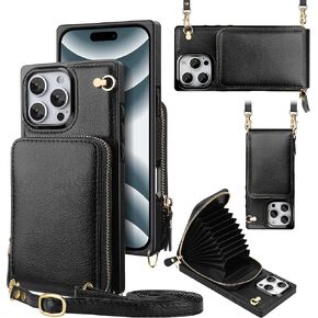 JAKPAK for iPhone 16 Pro Max Case with Card Holder for Phone Wallet Case Crossbody Zipper with Card Slots and Lanyard for iPhone 16 Pro Max 6.9 inch-Black