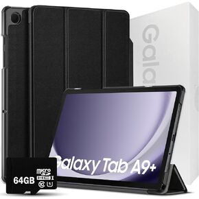 SAMSUNG 2024 Galaxy Tab A9+ 11" 64GB | Android 13 WiFi Touchscreen International | Big Screen, Quad Speakers, Slim | Tablet Bundle - Hard Back Trifold Stand Case + 64GB SD Card (Grey) | MdTec