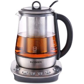 Buydeem K2423 Tea Maker, Durable 316 Stainless Steel & German Schott Glass Electric Kettle, Removable Infuser, Auto Keep Warm, BPA Free, 1.2L