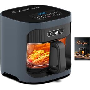 BOSWELL Glass Air Fryer, 4.5QT Transparent Fry Bowl, Circulating Heating, Non Toxic, Large Capacity Air Fryer Roast, Temperature Control Dishwasher Safe (Black)