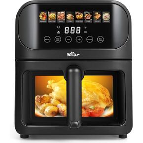 Air Fryer 6.4Qt, 8 in 1 Airfryer Timer Temp Adjustable Fast Family Meals with Cookbook, Large Visible Window Roast Bake Crisp Reheat Frozen Fries Steak, Non-Stick Basket Dishwasher Safe