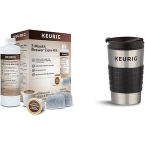 Keurig 3-Month Brewer Maintenance Kit, 7 Count & Travel Mug Fits K-Cup Pod Coffee Maker, 1 Count (Pack of 1), Stainless Steel