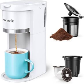 Small Single Serve Coffee Maker, Fast Brew One Cup Coffee Machine for K Cup and Grounds, 6 to 12 oz. Brew Sizes, Capsule Coffee Machine with Descaling Reminder and Viewing Tank, White