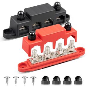 RED WOLF 4 x 5/16" Power Distribution Block Bus Bar, 3 x (M4)#8 Screws Terminals Battery Buss Bar DC 12-48V 250 Amp for Automotive Marine W/Dust Cover Red & Black