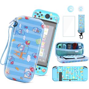 Blue Ugly Fish Carrying Case for Nintendo Switch OLED, Cute 7 in 1 Switch Accessories Bundle Set with Travel Carry Case, PC Shell, Screen Protector, Shoulder Strap & Thumb Caps for Boys Girls