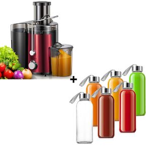QCen 800W Juicer Machine Metallic Red and 6PCS Glass Bottle Bundle