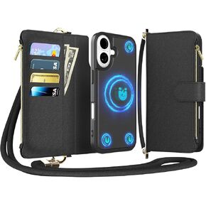 for iPhone 16 Pro Max(6.7 inches) Detachable Wallet Case with Crossbody.Multi-Function 2 in 1 Magnetic Wallet Case with Card Holder.Flip Strap Zipper Phone Case with Shoulder Straps Black