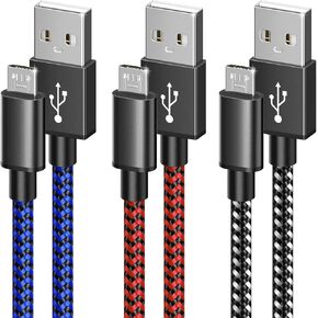 6amLifestyle PS4 Charger Cord, 10ft 3 Pack Android Charger Cable, Long Nylon Braided Micro USB Cord, for PlayStation 4, PS4 Slim/Pro, Dualshock 4, Xbox One/One X, Black+Blue+Red