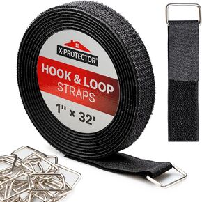 X -Protector Hook & Loop Straps 16ft x 1in مع 50 أبازيمًا - خطاف أسود وولف حلقة - حزام خطاف وحلق متعدد الأغراض - حزام Cinch Premium - شرائط نايلون قابلة لإعادة الاستخدام لأغراض التنظيم والتخزين!