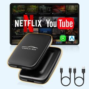 Wireless Carplay and Android Auto Dongle Support Netflix/YouTube/TF Card, CarPlay Ai Box with USBA-C and USBC-C Cable for iPhone Android,Video Box Convert Wired to Wireless Car Play Stream to Your Car