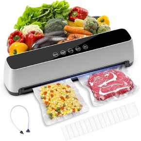 Vacuum Sealer Machine, 5-IN-1 Vacuum Sealer for Food, Powerful Fully Automatic Food Saver with Dry/Moist Mode & LED Smart Touch, Updated Vac & Seal System with 15 Vacuum Seal Bags, 1 Hose