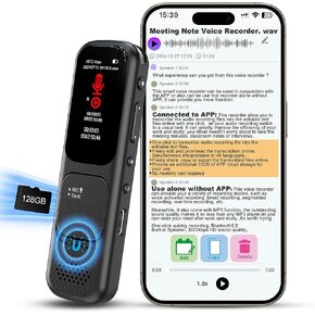 128GB (9360Hours) Digital Voice Recorder with APP, 3072kbps Portable Audio Recorder with Transcribe & Summarize, Recorder Device with simultaneous Interpretation, Recording Device with Playback, Black