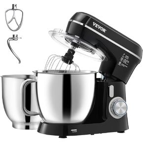VEVOR Stand Mixer, 5QT Dough Mixer, 10+P Speeds Tilt-head Food Mixer, Kitchen Mixer with Stainless Steel Bowl, Dough Hook, Wire Whip, Beater, Scraper, Household Stand Mixer for Baking Mixing, Black