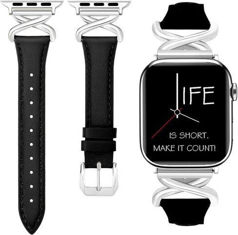 Leather Bands Women Compatible with Apple Watch 40mm 38mm 44mm 45mm 41mm 42mm 46mm 49mm Dressy Slim Strap With Designer X-Shaped Metal Crown for iWatch Series Ultra/SE/10/9/8/7/6/5/4/3/2/1 Starlight in Saudi Arabia