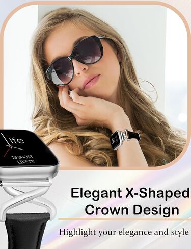 Leather Bands Women Compatible with Apple Watch 40mm 38mm 44mm 45mm 41mm 42mm 46mm 49mm Dressy Slim Strap With Designer X-Shaped Metal Crown for iWatch Series Ultra/SE/10/9/8/7/6/5/4/3/2/1 Starlight in Saudi Arabia
