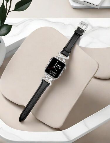 Leather Bands Women Compatible with Apple Watch 40mm 38mm 44mm 45mm 41mm 42mm 46mm 49mm Dressy Slim Strap With Designer X-Shaped Metal Crown for iWatch Series Ultra/SE/10/9/8/7/6/5/4/3/2/1 Starlight in Saudi Arabia