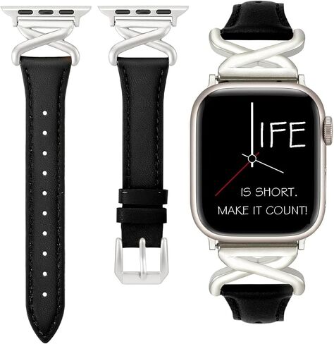 Leather Bands Women Compatible with Apple Watch 40mm 38mm 44mm 45mm 41mm 42mm 46mm 49mm Dressy Slim Strap With Designer X-Shaped Metal Crown for iWatch Series Ultra/SE/10/9/8/7/6/5/4/3/2/1 Starlight in Saudi Arabia