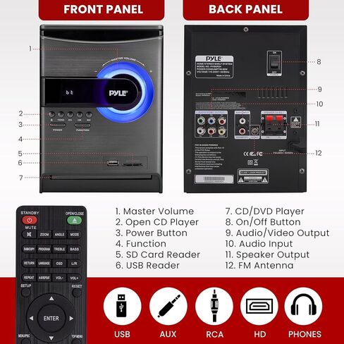 نظام رف ستيريو منزلي من بايل - تدفق BT لاسلكي بقدرة 60 وات مع مشغل أقراص مضغوطة وراديو FM وتشغيل بطاقة USB وSD، صوت نقي للموسيقى في اتجاهين، جهاز تحكم عن بعد، مكبرات صوت ستيريو مزدوجة (أسود) in Kuwait