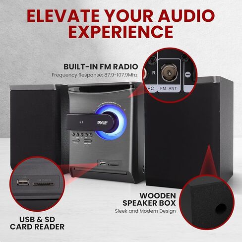 نظام رف ستيريو منزلي من بايل - تدفق BT لاسلكي بقدرة 60 وات مع مشغل أقراص مضغوطة وراديو FM وتشغيل بطاقة USB وSD، صوت نقي للموسيقى في اتجاهين، جهاز تحكم عن بعد، مكبرات صوت ستيريو مزدوجة (أسود) in Kuwait