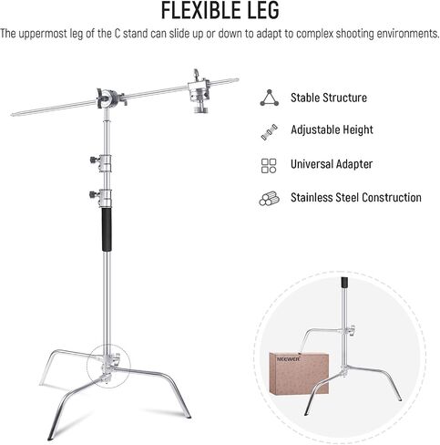 NEEWER Stainless Steel Heavy Duty C Stand with Swivel Casters, 43"-73"/110-186cm Photography Light Stand with 33"/83cm Boom Arm, 2 Grip Heads for Studio Monolight, Softbox, Reflector, SC186W in Saudi Arabia