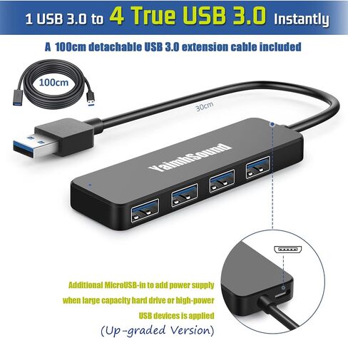 USB Hub 3.0,YaimhSound USB Extender Splitter, 4-Port USB Extenion Adapter with Detachable USB Extention Cable for Laptop, PC, TV, Projector, Printer,Keyborad,Mouse,Xbox,Flash Drive,SSD,Camera(80cm) in Saudi Arabia