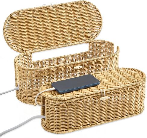 FairyHaus Cable Management Box 2Pack Brown, Handwoven Large and Small Cable Organizer Box Cover to Hide Cords and Power Strip, Imitation Wicker Cord Organizer Box Hider for Office Desk and Floor in Kuwait
