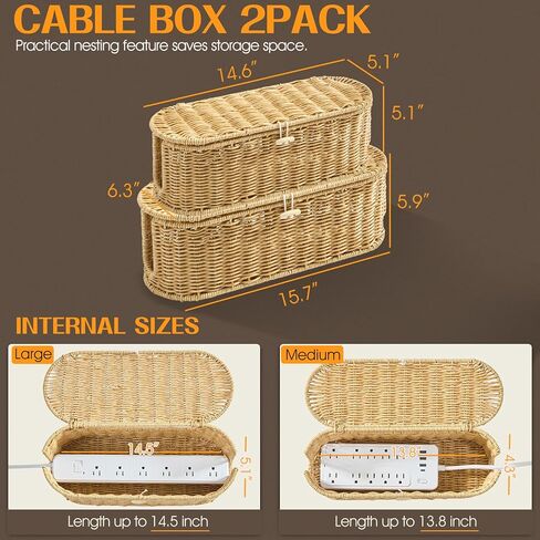 FairyHaus Cable Management Box 2Pack Brown, Handwoven Large and Small Cable Organizer Box Cover to Hide Cords and Power Strip, Imitation Wicker Cord Organizer Box Hider for Office Desk and Floor in Kuwait
