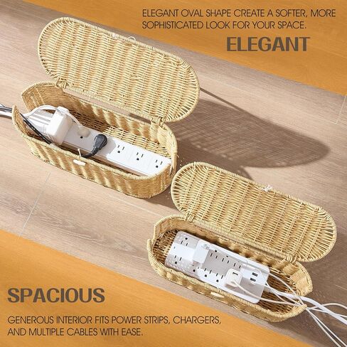 FairyHaus Cable Management Box 2Pack Brown, Handwoven Large and Small Cable Organizer Box Cover to Hide Cords and Power Strip, Imitation Wicker Cord Organizer Box Hider for Office Desk and Floor in Kuwait