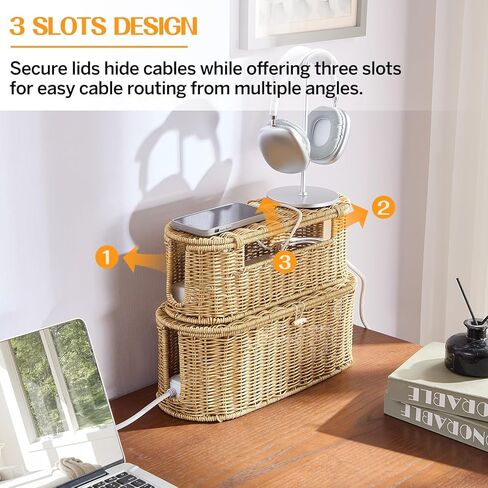 FairyHaus Cable Management Box 2Pack Brown, Handwoven Large and Small Cable Organizer Box Cover to Hide Cords and Power Strip, Imitation Wicker Cord Organizer Box Hider for Office Desk and Floor in Kuwait