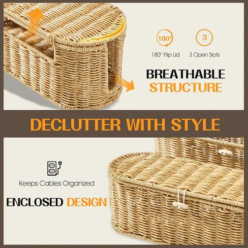 FairyHaus Cable Management Box 2Pack Brown, Handwoven Large and Small Cable Organizer Box Cover to Hide Cords and Power Strip, Imitation Wicker Cord Organizer Box Hider for Office Desk and Floor in Kuwait