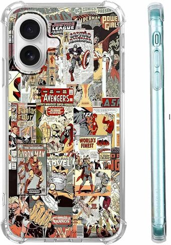 Case for iPhone 16 Plus with Superhero Design,Cartoon Comic Pop Culture Art Collage,Clear Soft TPU Bumper Case,6.7"(Hero,16pl) in Kuwait
