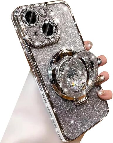 Glitter Kickstand Case for iPhone 15, Luxury Bling Sparkly Diamond Rhinestone with Camera Lens Protector Liquid Flowing Ring Stand TPU Bumper Slim Women Girls Case for iPhone 15 6.1" (Pink) in Saudi Arabia
