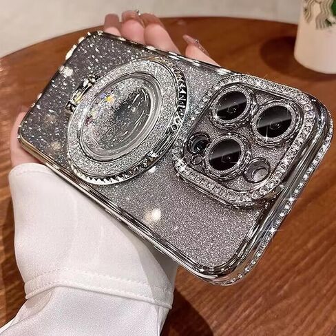 Glitter Kickstand Case for iPhone 15, Luxury Bling Sparkly Diamond Rhinestone with Camera Lens Protector Liquid Flowing Ring Stand TPU Bumper Slim Women Girls Case for iPhone 15 6.1" (Pink) in Saudi Arabia
