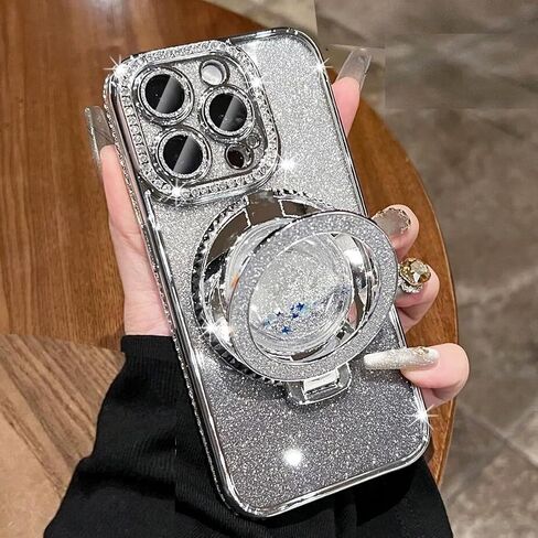 Glitter Kickstand Case for iPhone 15, Luxury Bling Sparkly Diamond Rhinestone with Camera Lens Protector Liquid Flowing Ring Stand TPU Bumper Slim Women Girls Case for iPhone 15 6.1" (Pink) in Saudi Arabia