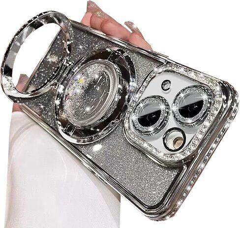 Glitter Kickstand Case for iPhone 15, Luxury Bling Sparkly Diamond Rhinestone with Camera Lens Protector Liquid Flowing Ring Stand TPU Bumper Slim Women Girls Case for iPhone 15 6.1" (Pink) in Saudi Arabia