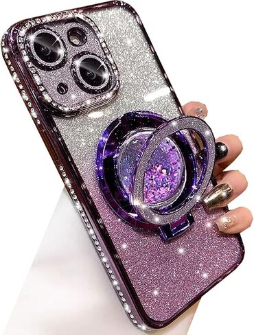 Glitter Kickstand Case for iPhone 15, Luxury Bling Sparkly Diamond Rhinestone with Camera Lens Protector Liquid Flowing Ring Stand TPU Bumper Slim Women Girls Case for iPhone 15 6.1" (Pink) in Saudi Arabia