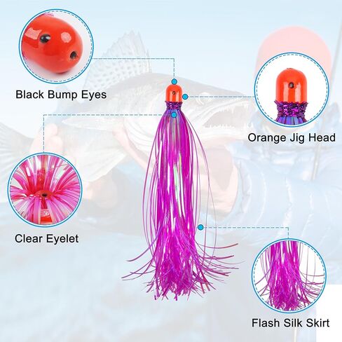 OROOTL Mylar Flash Teaser Tail Bucktail Teasers Weighted Jig Head Fishing Lures Mylar Fishing Skirt Hair Bait Jigs 3/8oz Bullet Sinkers Head with Bucktail Teaser 10pcs/Pack in Kuwait