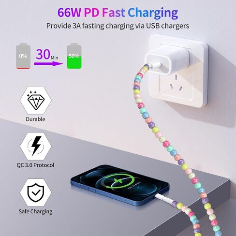 Aolcev for iPhone Charging Cable 66W Beaded Phone Charger Cable [MFi Certified] 6.6FT/2M Long Fast Charger Cord Cute USB A Charging Cord for iPhone 14 13 12 11 Pro Max 8 7 6 Plus iPad Pro/Air/Mini in Saudi Arabia
