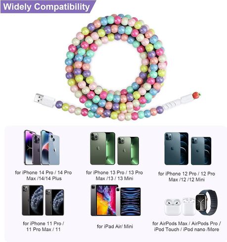 Aolcev for iPhone Charging Cable 66W Beaded Phone Charger Cable [MFi Certified] 6.6FT/2M Long Fast Charger Cord Cute USB A Charging Cord for iPhone 14 13 12 11 Pro Max 8 7 6 Plus iPad Pro/Air/Mini in Saudi Arabia