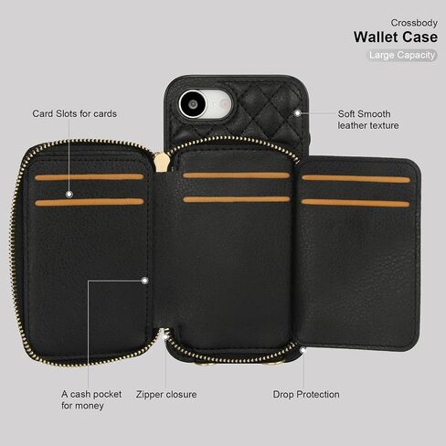 Bocasal Crossbody Wallet Case for iPhone 16e, RFID Blocking PU Leather Zipper Handbag Purse Flip Cover, Kickstand Folio Case with Card Slots Holder Wrist Strap Lanyard 6.1 Inch 5G (Black) in Kuwait