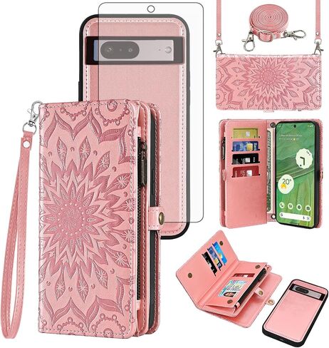 Asuwish Phone Case for Google Pixel 7 5G Zipper Wallet Detachable Cell Cover with Tempered Glass Screen Protector Crossbody Strap Mandala Flower Flip Card Holder Pixel7 Pixle Seven 6.3 Women Men Gray in Saudi Arabia