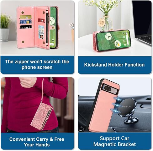 Asuwish Phone Case for Google Pixel 7 5G Zipper Wallet Detachable Cell Cover with Tempered Glass Screen Protector Crossbody Strap Mandala Flower Flip Card Holder Pixel7 Pixle Seven 6.3 Women Men Gray in Saudi Arabia