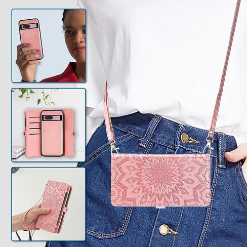 Asuwish Phone Case for Google Pixel 7 5G Zipper Wallet Detachable Cell Cover with Tempered Glass Screen Protector Crossbody Strap Mandala Flower Flip Card Holder Pixel7 Pixle Seven 6.3 Women Men Gray in Saudi Arabia