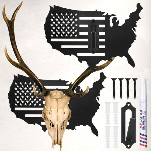 2 مجموعة غزلان جمجمة جبل العلم جمجمة الجبل شماعات أوروبية الغزلان شماعات مجموعة USA Decor Decor Displing Display Rack للزوج الأب Hunter (نمط الخريطة ، 11.8 × 8.3 بوصة) in Kuwait