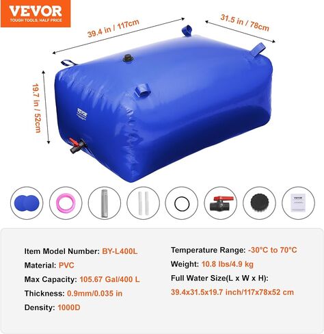 Vevor 400L/105.7Gallon تخزين المياه المثانة ، خزان RV ، حاوية 1000D PVC الأزرق القابل للطي ، حقيبة ناعمة كبيرة السعة ، المثانة المحمولة للوقاية من الحرائق ، التخييم in Kuwait