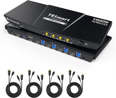 TESmart HDMI KVM Switch 2 Port 4K@60Hz, KVM Switch 1 Monitor 2 Computers EDID Emulators, USB 2.0, L/R Audio, Hotkey Switch, Button Switch with Remote Controller and All Cables in Kuwait
